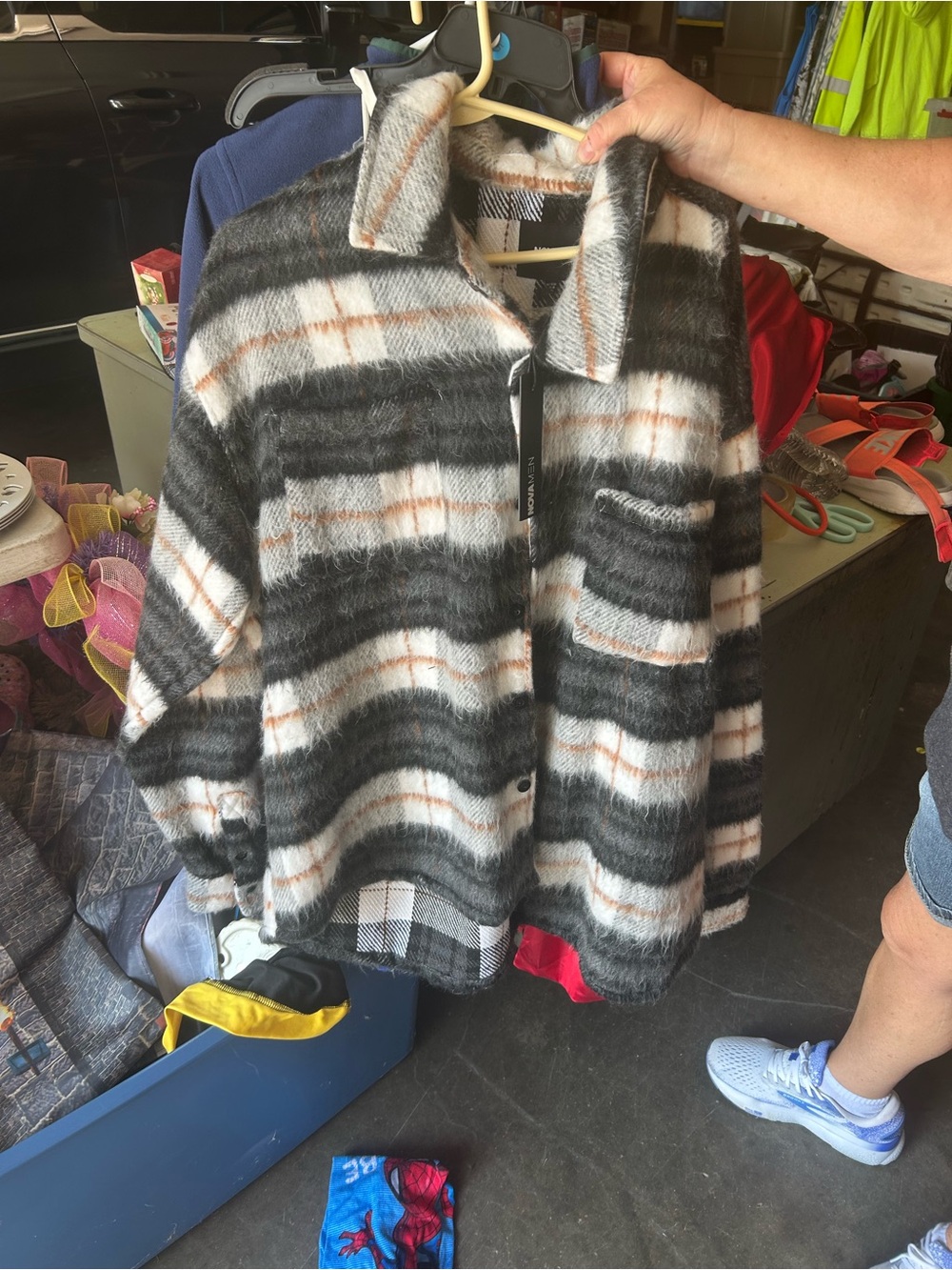 Plaid Teddy Shacket Jacket - Black, White & Brown Accent